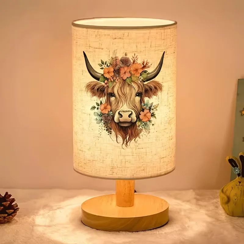 Wood Base Cylindrical Table Lamp With Highland Cow Pattern Print, Warm Bedside Desk Night Light For Bedroom Home Decoration