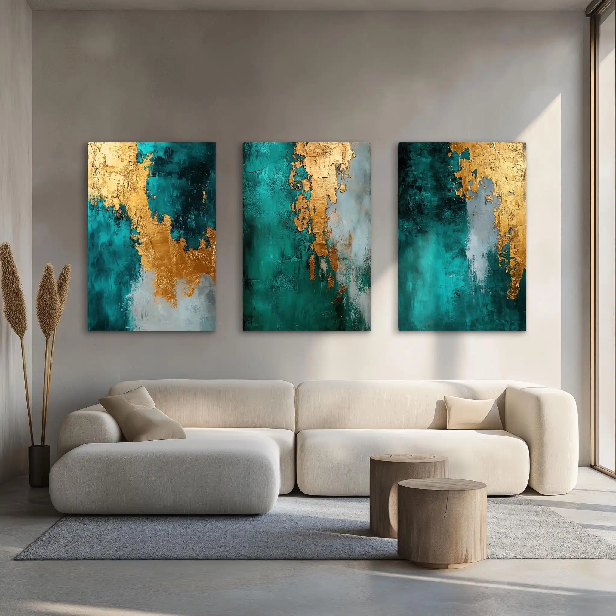3 Piece Bundle Abstract Teal Grey Metallic Gold Painting Prints Canvas Wall Art Modern Contemporary Luxury Elegant Decor Gift