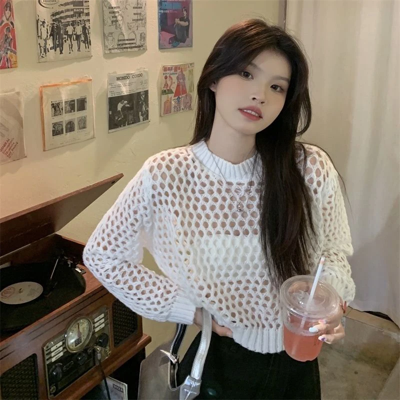 Crop Top 2023 New Fashion Sexy Summer Thin Knitted Hollow Out Women White Mesh Pullovers Chic Harajuku Oversized White Clothing