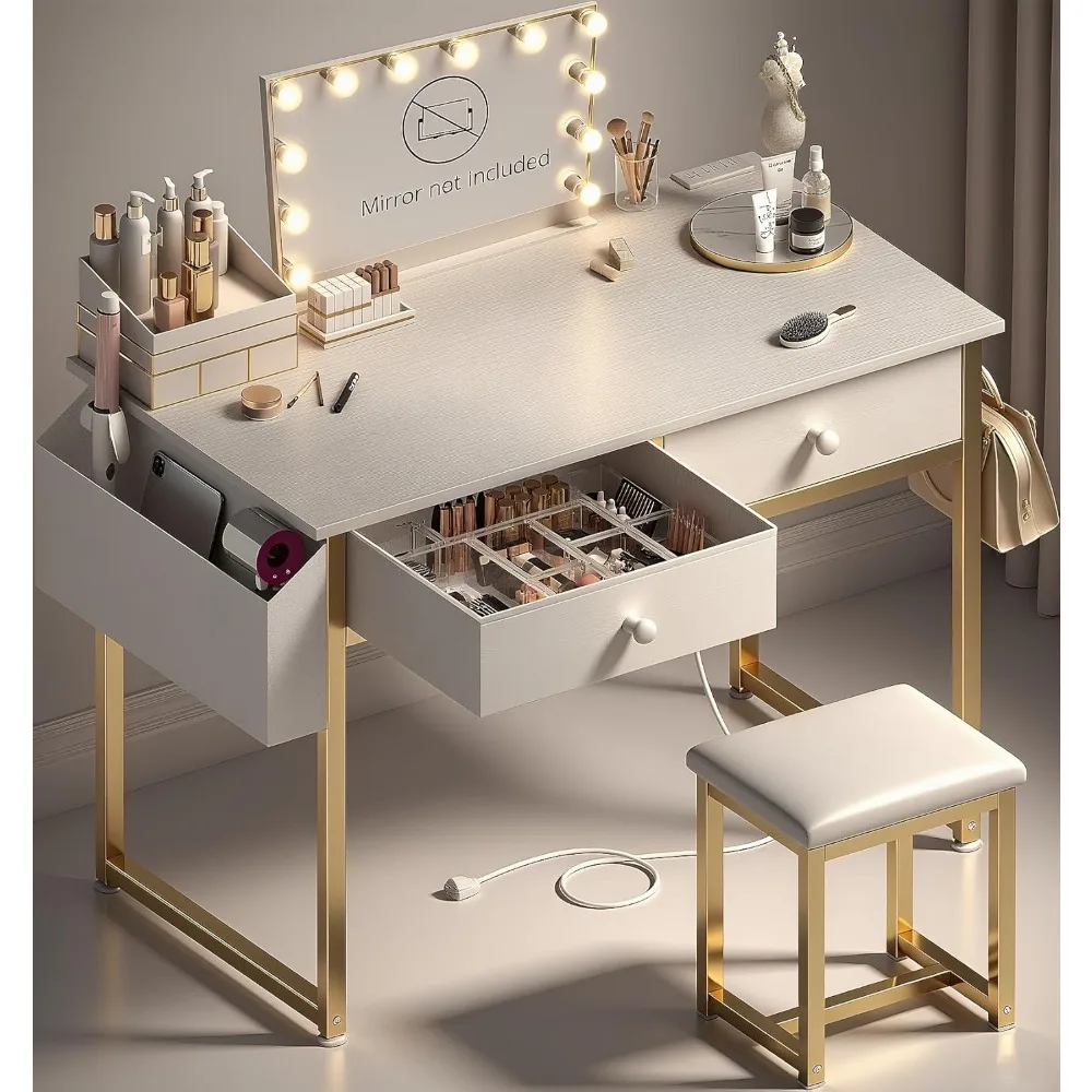 여자아이 침실 화장대용 화이트 화장대 세트(의자, 패브릭 서랍, USB 포트 포함)