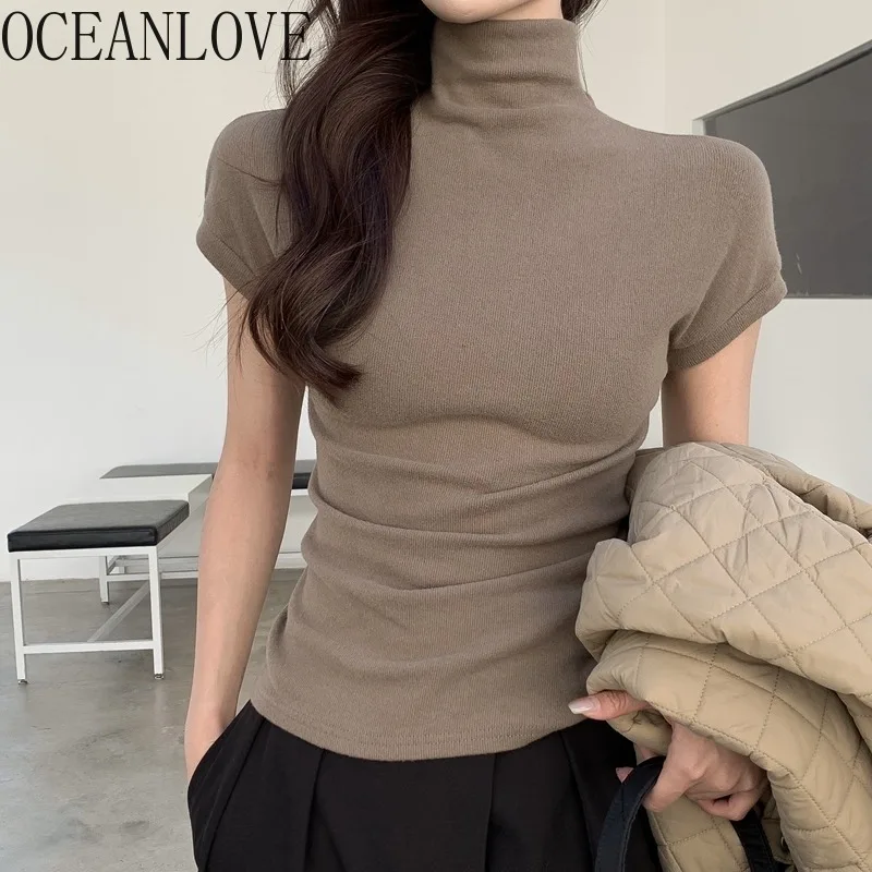 OCEANLOVE Sexy Women\'s Clothing Shirts for Woman Turtleneck Short Sleeve Tunic Tees Tops Mujer Korean Fashion Y2k T-shirts