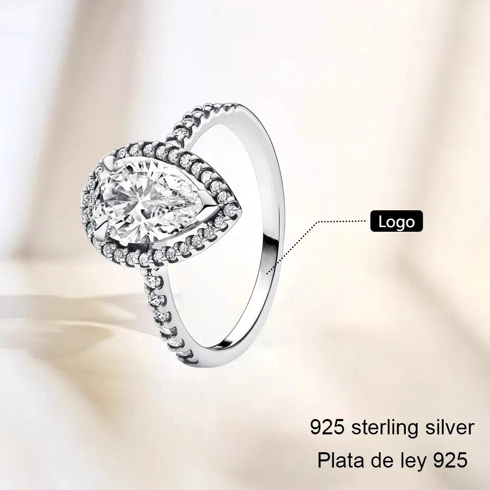 

CHARMING Jewelry Gift S925 Pure Silver Ring Sparkling Pear Halo Ring for Woman 100% Silver Never Fade Wedding Rings Jewelry