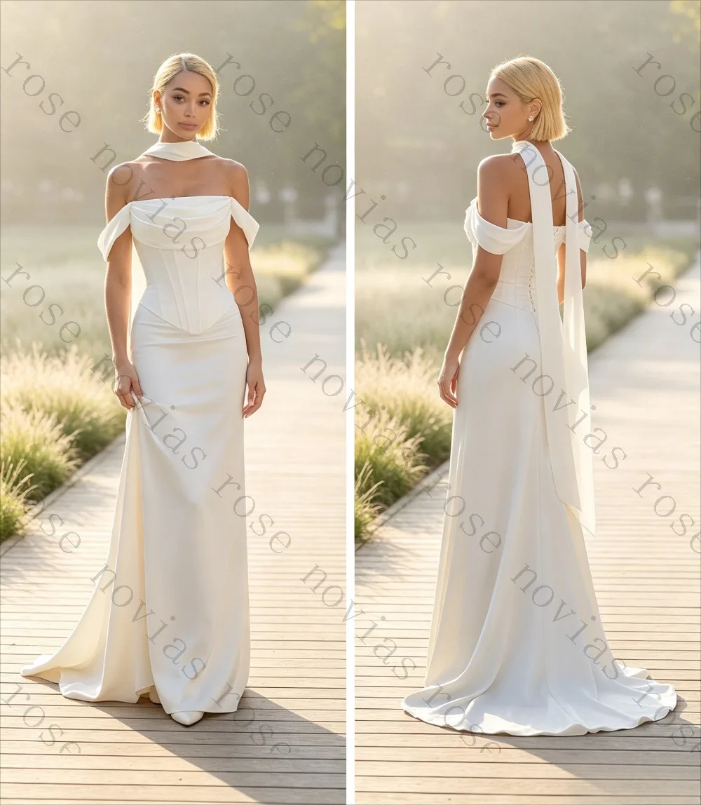 Customized Off Shoulder Satin Wedding Dress with Choker for 2026 Brides Elegant Mermaid Bridal Gown Perfect for Outdoor Ceremony