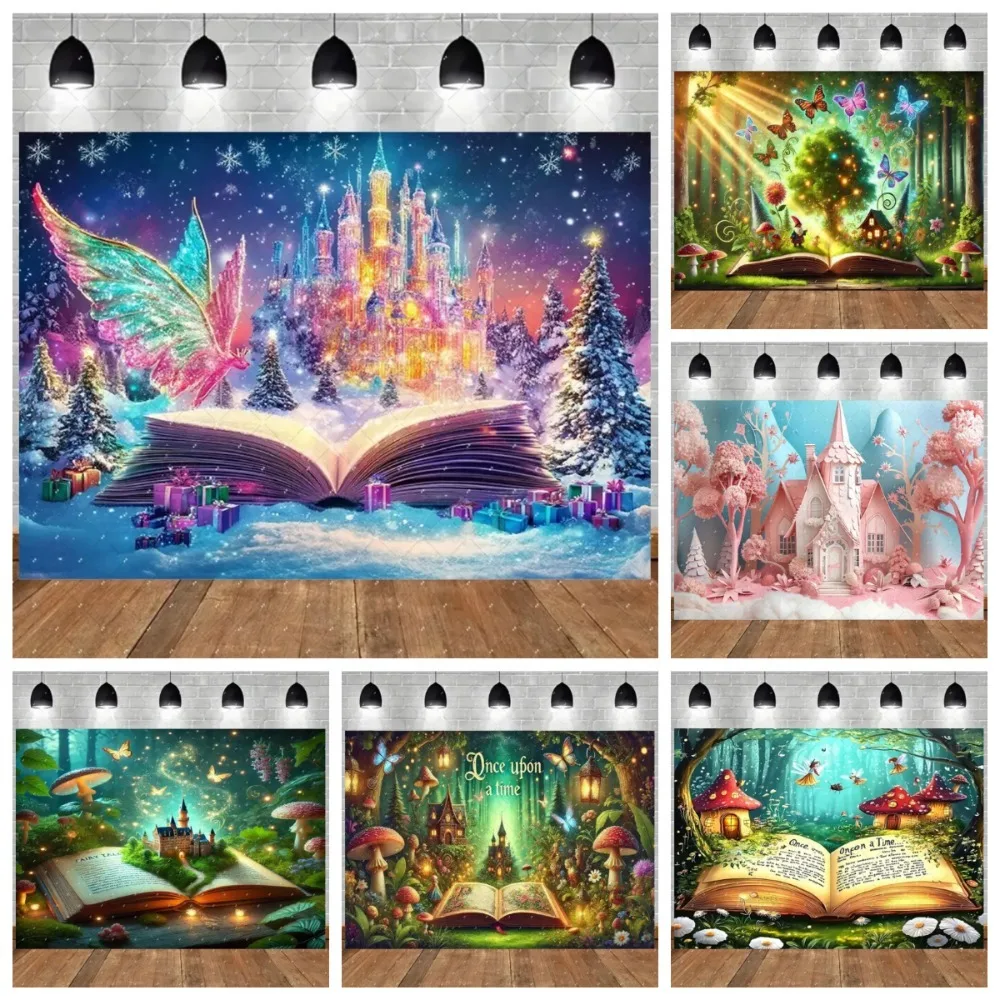 

Fairy Tale Castle Butterfly Forest Storybook Theme Banner Background, Children Birthday Party Decoration Photography Background
