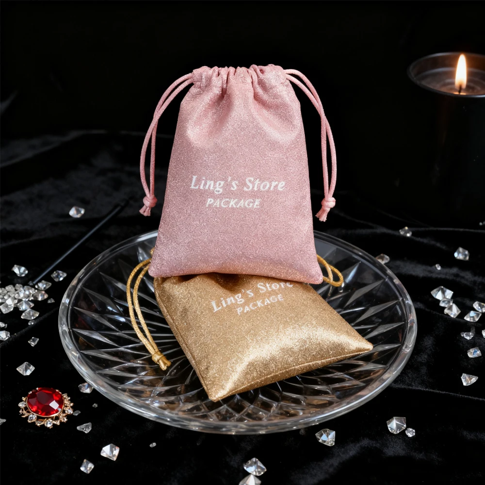 

Свадебный подарочный пакет с блестками на шнурке, небольшой чехол для ювелирных изделий с принтом логотипа для серег, ожерелья, кольца, упаковка, органайзер для дисплея