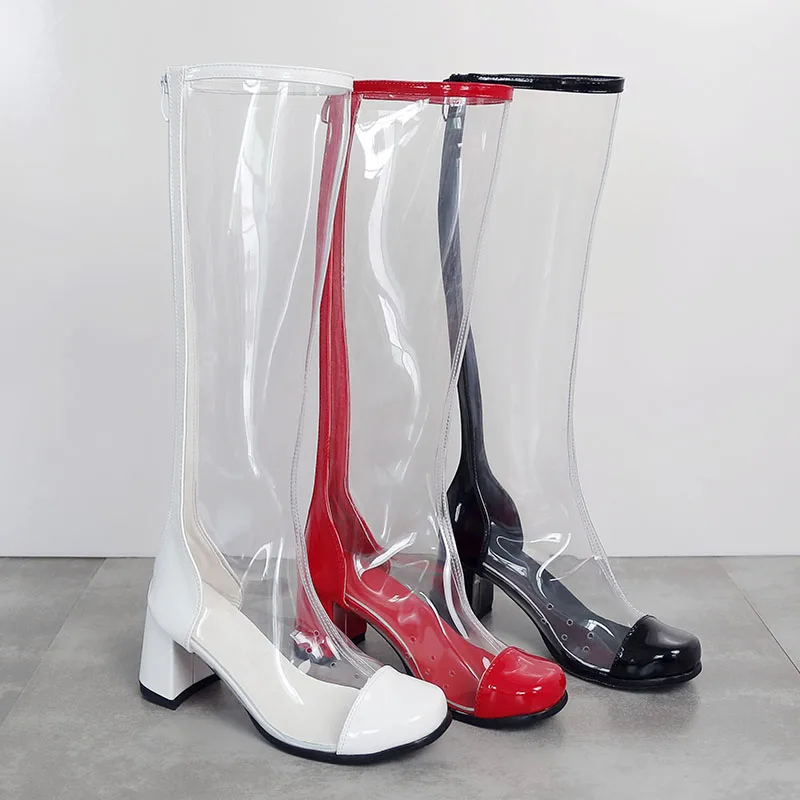 

Clear PVC Patchwork 6.5 cm Square Heels Knee Boots Red Black White Patent Leather Round Toe Patchwork Transparent Stage Boots