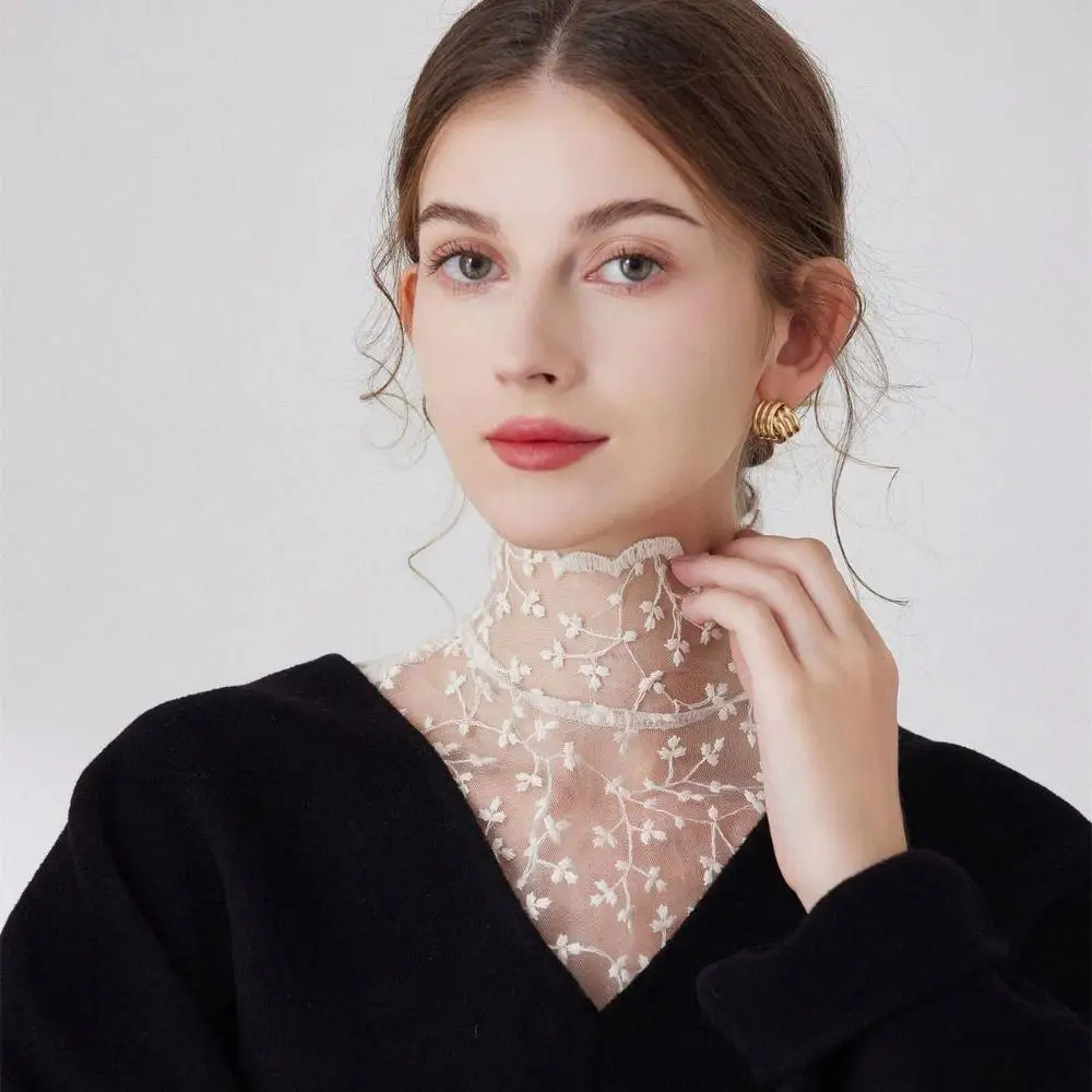 Women Cute Petal Fake Collar Black Detachable Lapel False Blouse Lace Removable Collar with Lace Cuffs Detachable Fake Sleeves