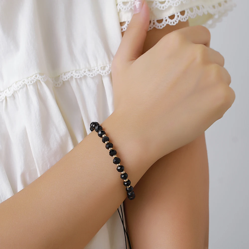 Fashion Boho Adjustable Jewelry Braiding Strap Bracelet Black Crystal Stone Beaded Bracelet For Women Accessory Jewelry