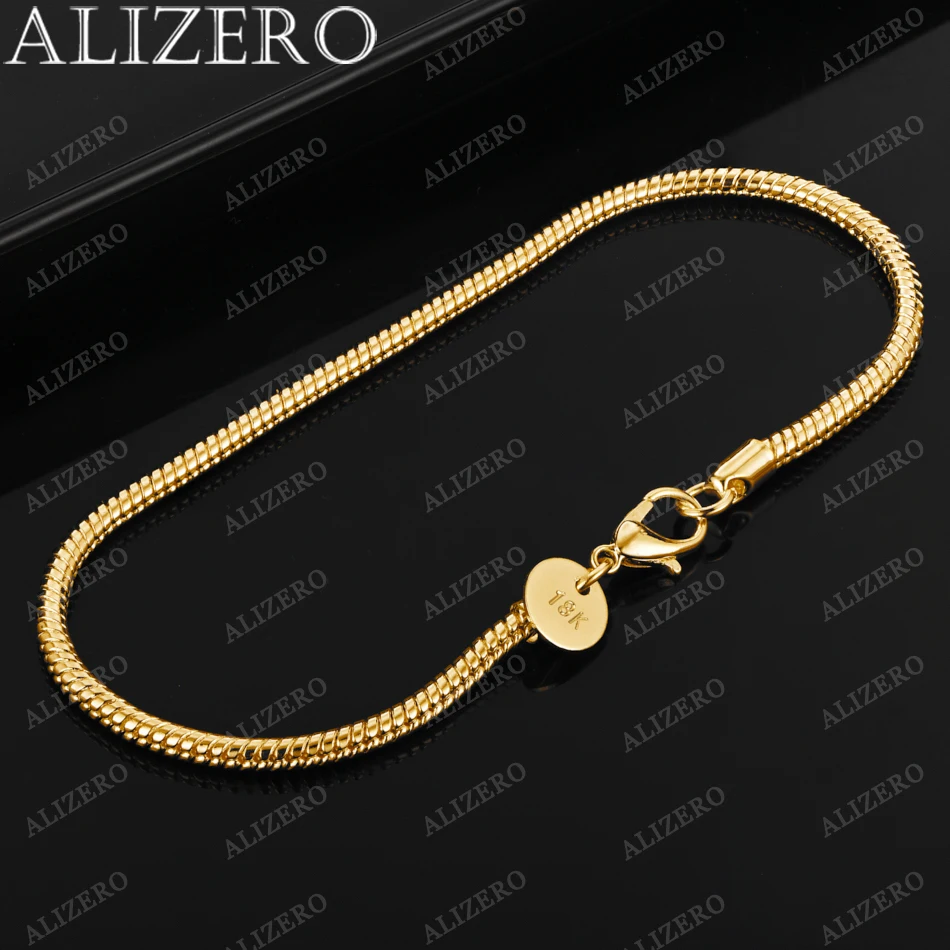 

ALIZERO 925 Sterling Silver 18K Gold Plated 3MM Snake Chain Bracelet For Women Men Fashion Accessories Charm Jewelry Gift