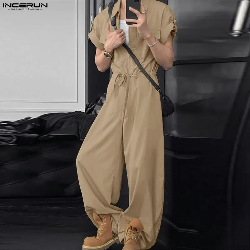 INCERUN Men Jumpsuits Solid Color Lapel Short Sleeve Zipper Male Rompers Streetwear Lace Up Loose Fashion Casual Overalls Men