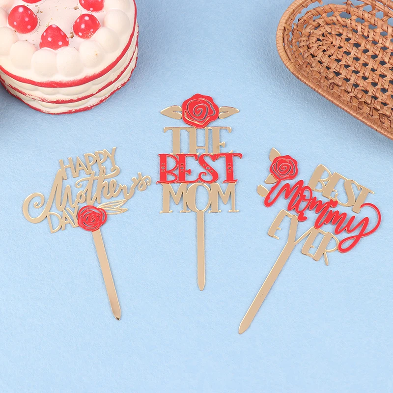 Gaya INS akrilik ganda warna emas Happy Mother Day merah mawar kue Toppers untuk Hari Ibu memanggang kue dekorasi makanan penutup