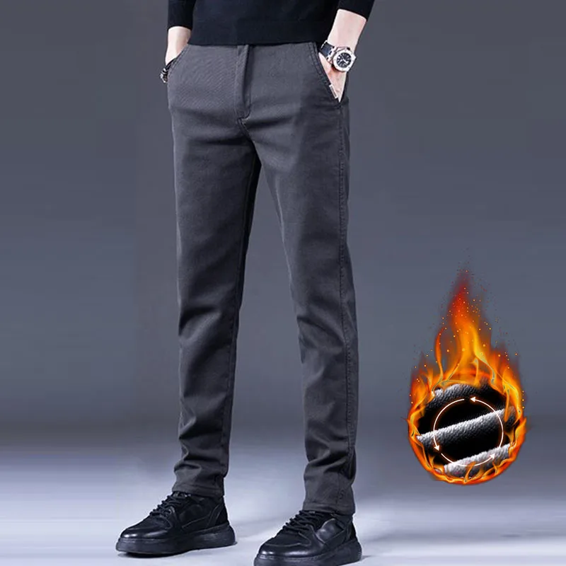 Veludo quente dos homens de negócios calças casuais inverno nova moda fino ajuste clássico cor sólida calças alta qualidade roupas marca masculina
