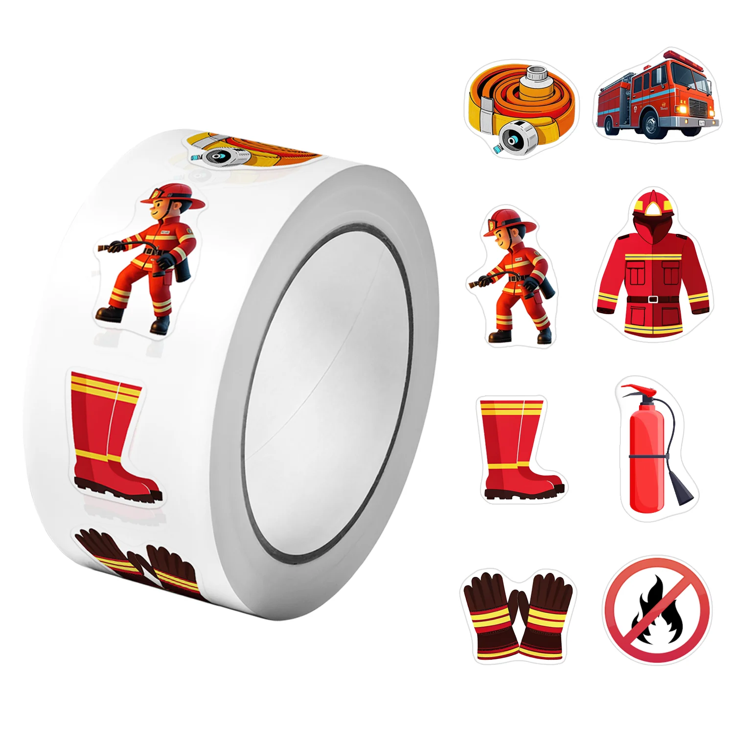 Rouleau d'autocollants à motifs de pompiers et d'équipement de lutte contre l'incendie, 2.5cm/1.0 pouces, 8 modèles, décalcomanies, bricolage, emballages cadeaux, 1 rouleau (500 pièces)