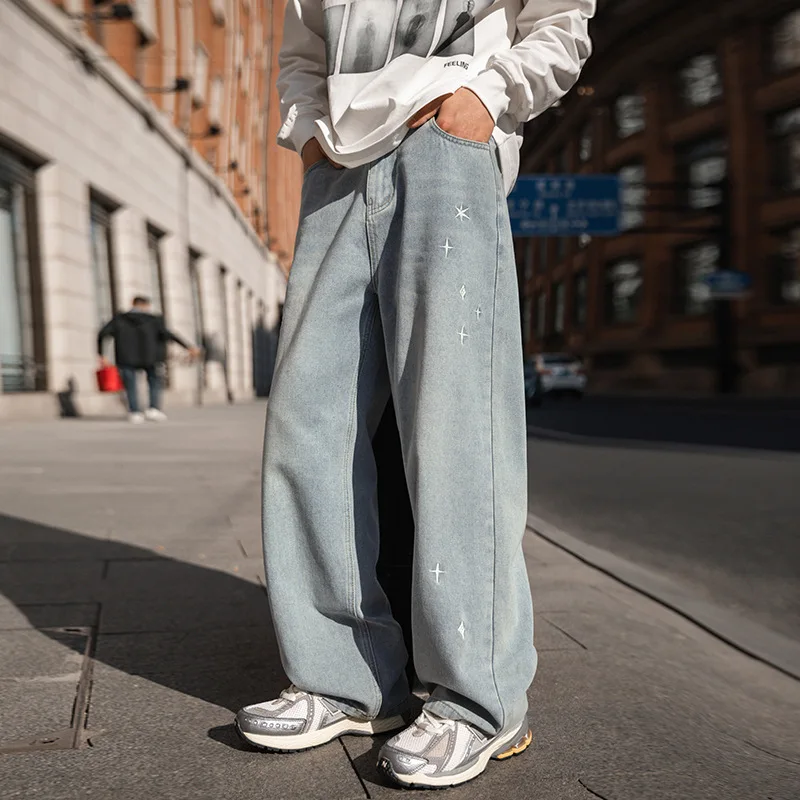 

Embroidery Washed Jeans Men Star Retro Old Pants New Straight Loose Casual Trousers Cat Whisker Design Soft Wide Leg Pants