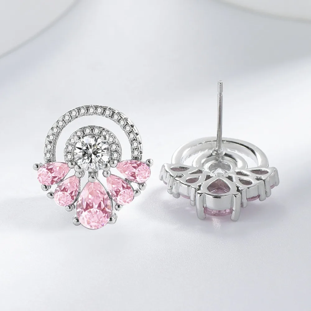 

925 Sterling Silver Sweet Pink Diamond Zircon Flower Stud Earrings Niche Fashion Design Temperament Earrings