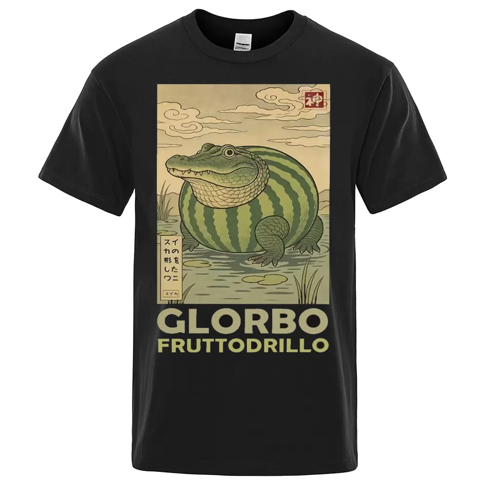 

Лето 2022, Glorbo Fruttodrillo Brainrot, футболка из 100% чистого хлопка с принтом, странный Ukiyo-E, японское искусство, забавный мем с животными, итальянский