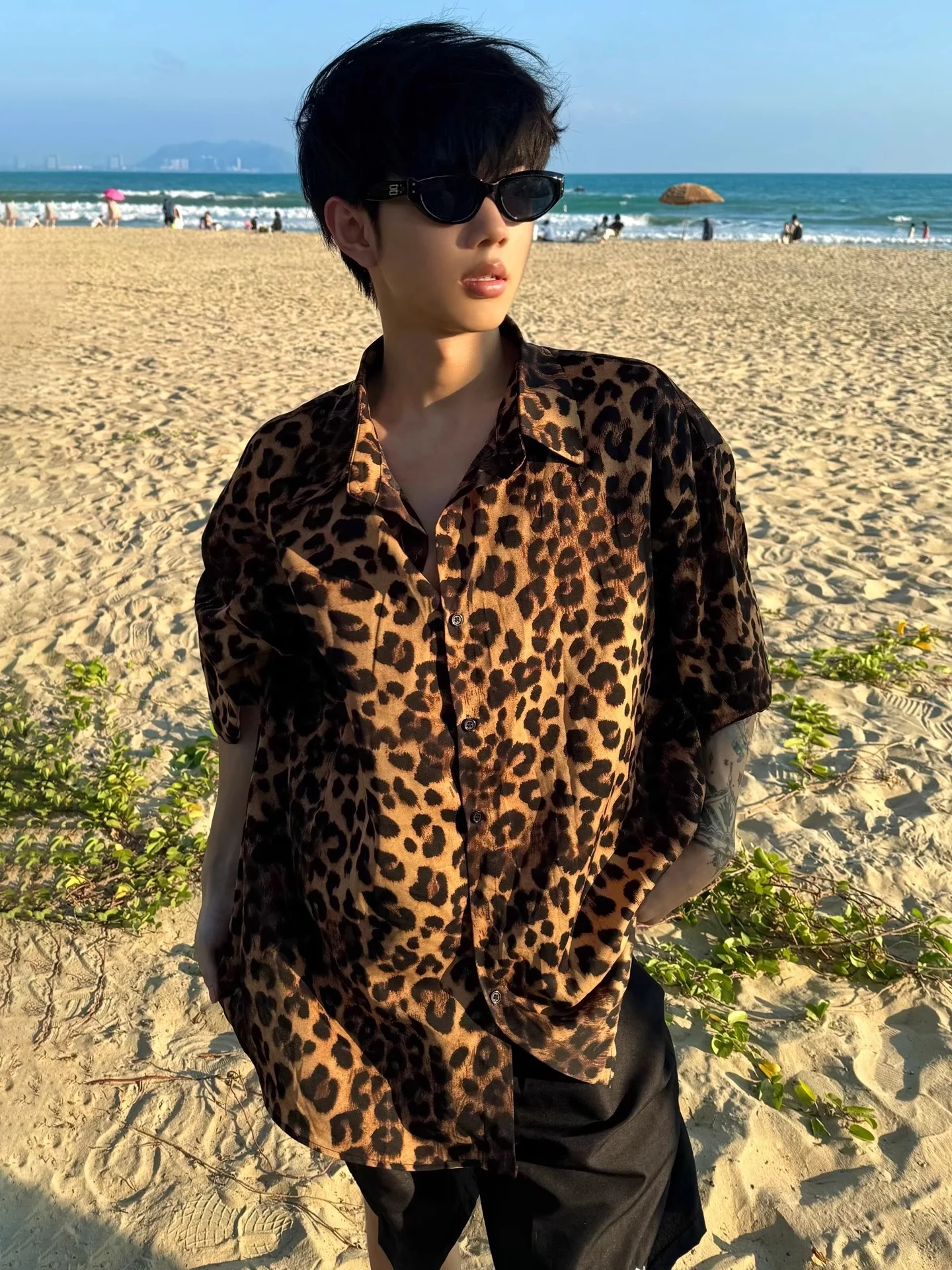 

American Sle Leopard Print ort Sve irt Men's Summer Design Cool Haome Boys f Sve Cleanfit Five Sve irt