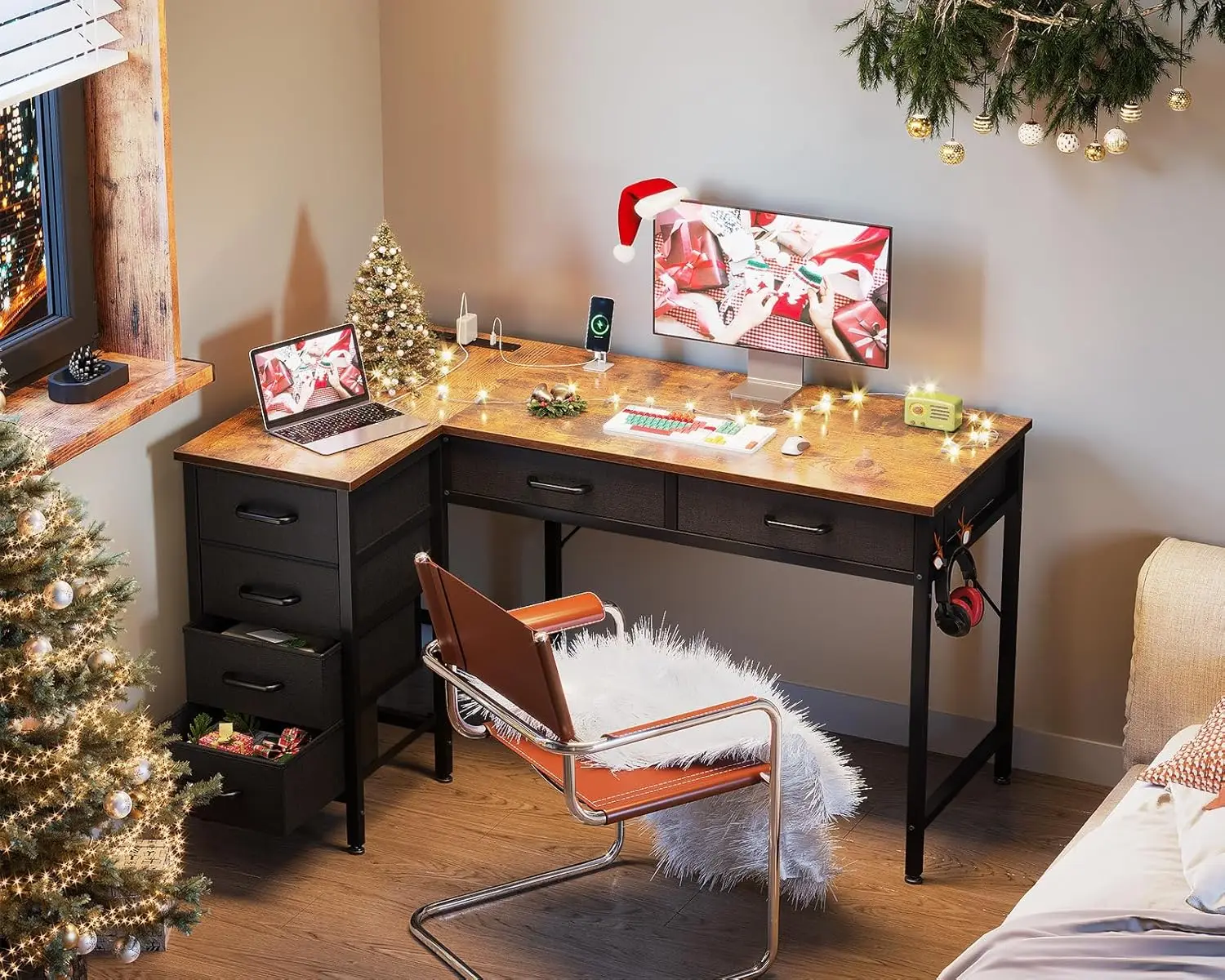 

42 Inch L Shaped Desk with Drawers, Computer Desk with Power Outlets, with 6 Drawers, Home Office Desk