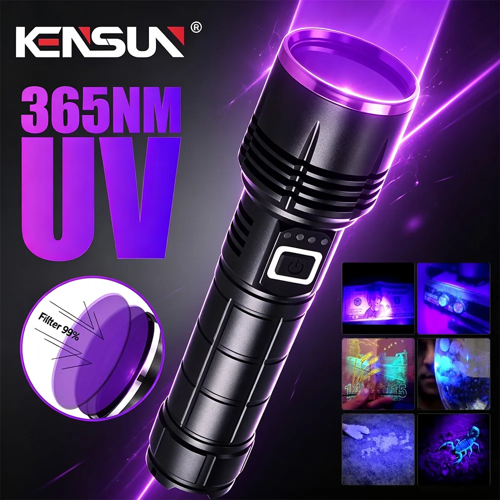 Powerful 80W 365nm UV Flashlight Black Light Black Mirror Purple Light Detection Torch USB C Rechargeable Ultraviolet 26650 Lamp