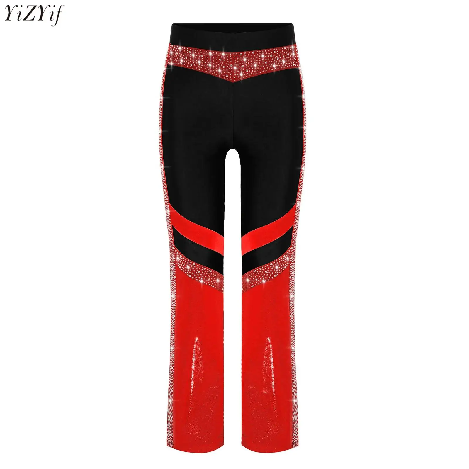 

Kids Girls Acrobatics Gymnastics Dance Pants Shiny Rhinestone Elastic Waist Color Block Flared Pants Trousers Jazz Disco Costume