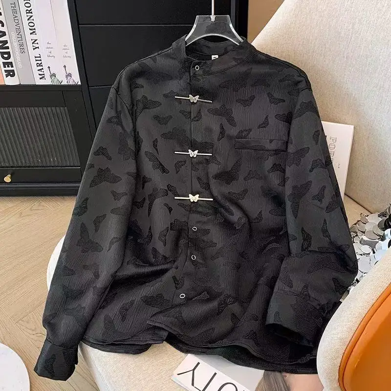 

Мужские и женские топы в новом китайском стиле, традиционная китайская рубашка с темным узором в виде бабочек, для карнавала, сценических выступлений, с длинными рукавами