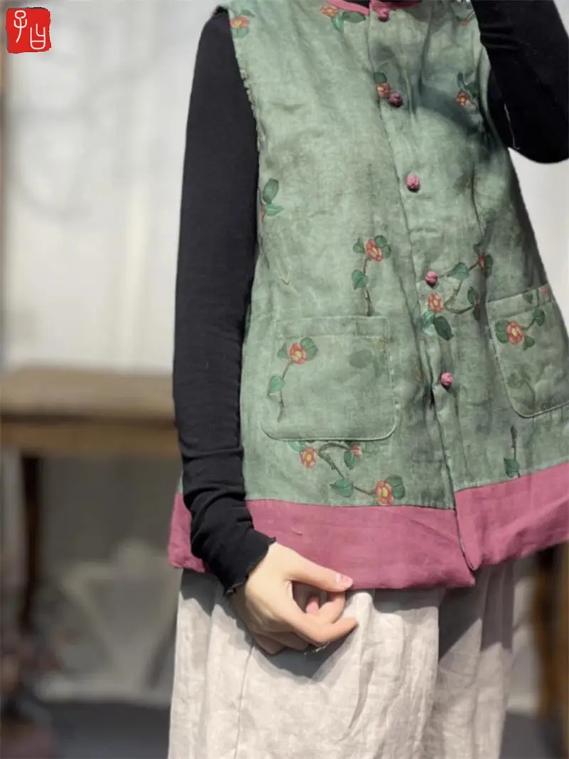 Giacca gilet con stampa in lino stile cinese retrò per donna 2024 primavera inverno collo rotondo utton Up cappotto caldo e sottile in cotone Z4678