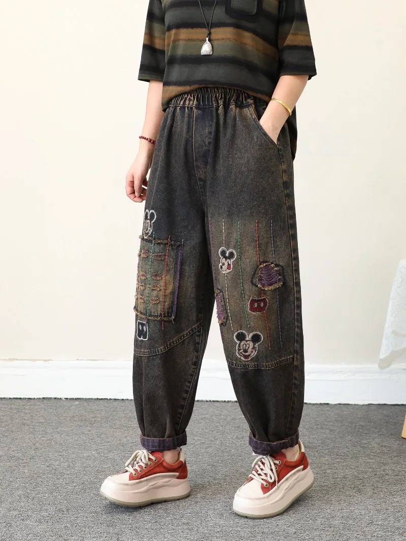 Jean brodé de dessin animé pour femmes, ligne colorée, ample, surdimensionné, amincissant, déchiré, sarouel court, nouveau pantalon en Denim, automne