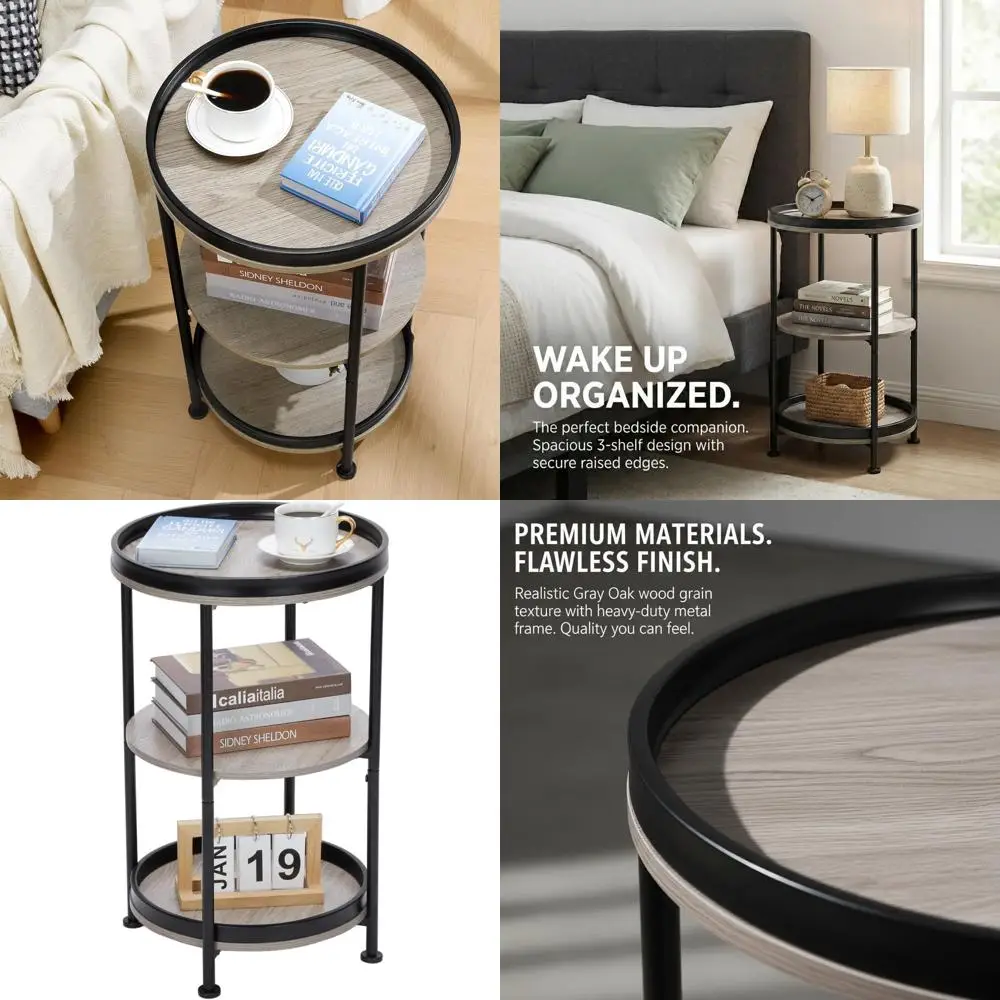 

Круглый кофейный столик из дуба в индустриальном стиле с 3 полками для небольших помещений, подходит для гостиной, спальни и использования на открытом воздухе