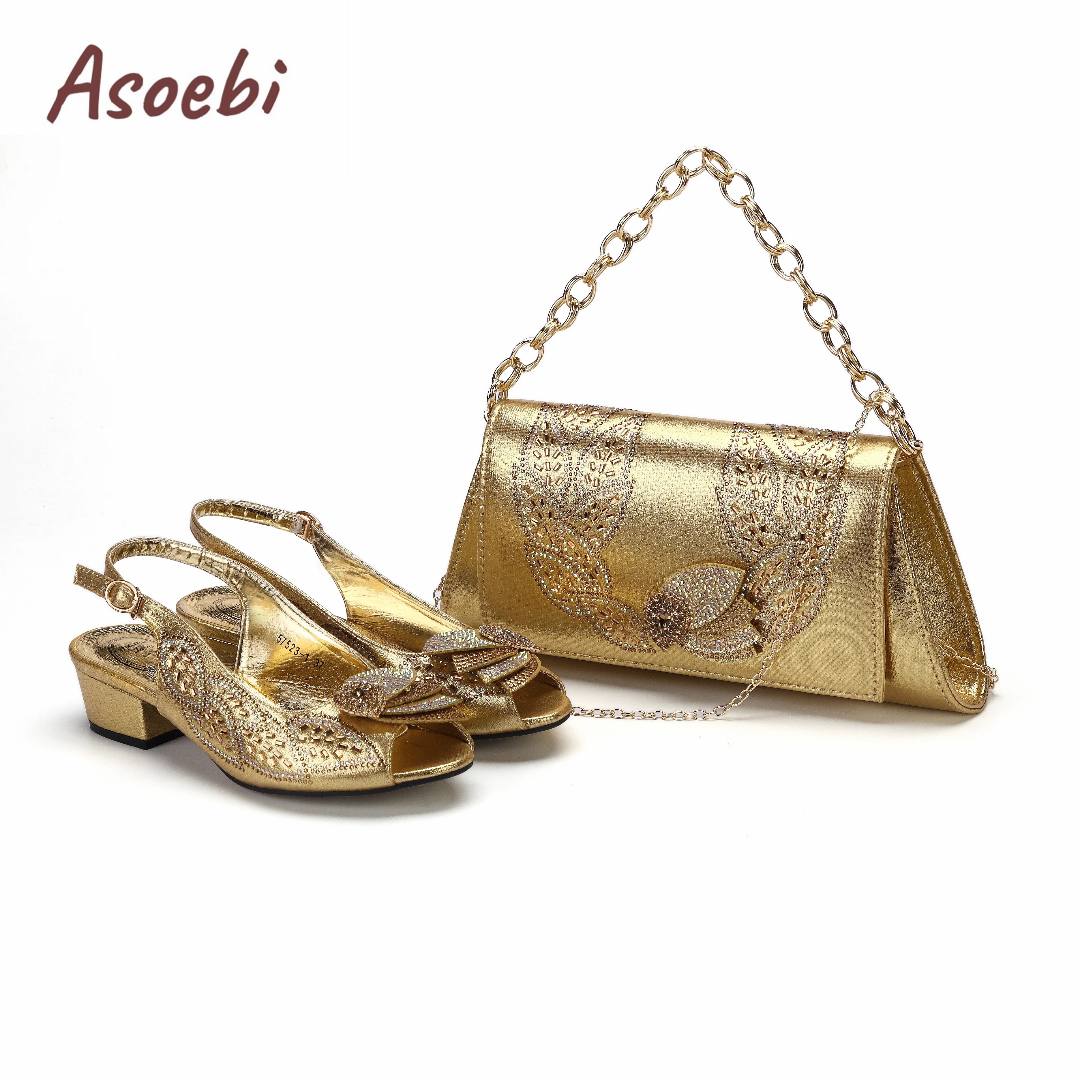 Newest Gold Color Pumps Low Heels Decorated with Rhinestone Flower Design Party Women's Shoes and Bags Set