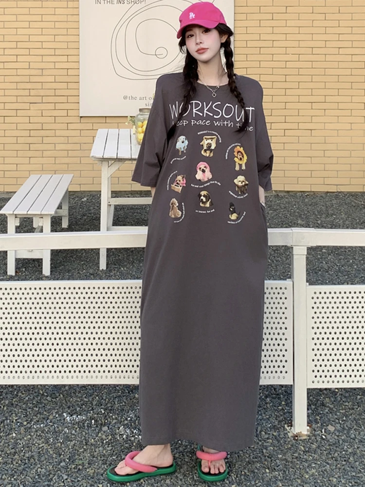 NYFS ฤดูร้อน 2025 ชุดสตรีหลวมพลัสขนาดการ์ตูนลูกสุนัขพิมพ์เสื้อยืดแขนสั้นชุดยาว Robe Elbise