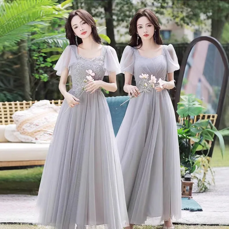 

2025 New Women's Grey Mesh Style Embroidered Large Bridesmaid Evening Dress Fashionable and Sweet Wedding Long Dress