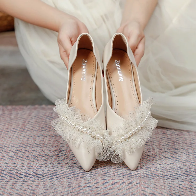 

Женские свадебные туфли, плоская подошва, заостренный носок, жемчуг, кружево, плоская подошва, свадебная обувь, 43