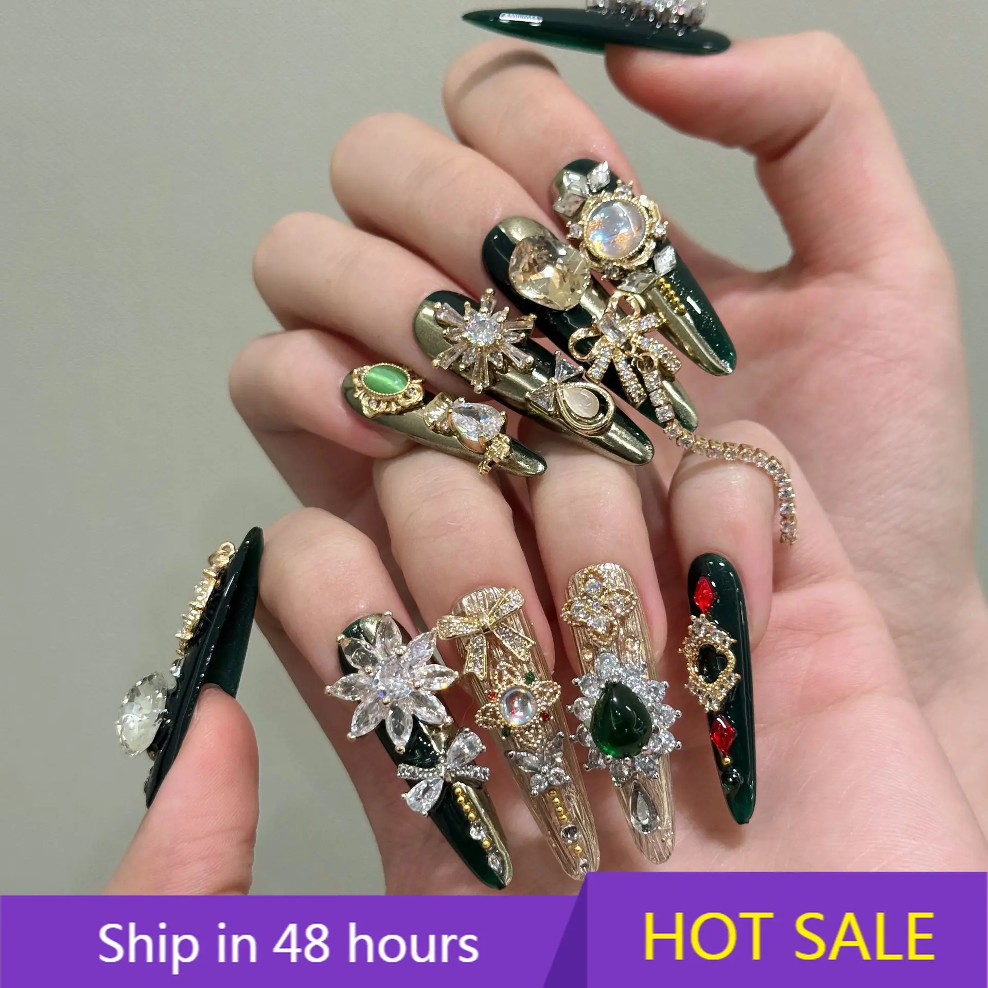 

YTYIN A Series High Luxury Emerald Flashing Zircon Full Diamond Heavy Craft Luxurious Nail Art Wearable Nails
