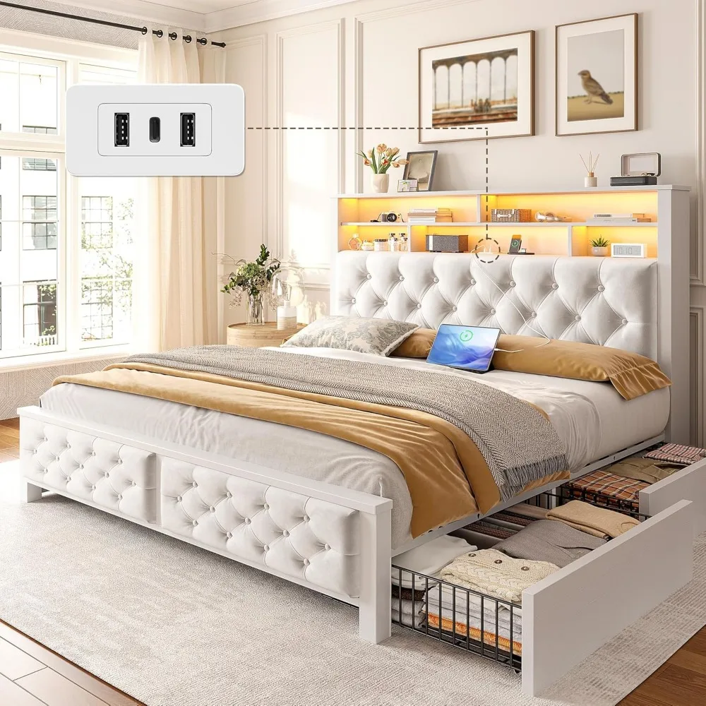 Size Bed Frame with 4 Storage Drawers and Headboard,Velvet Platform Full Bed Frame with Charging Station