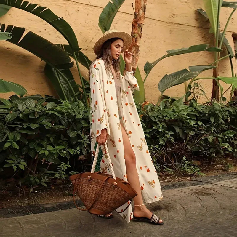 Cárdigan tipo kimono de longitud media, holgado, Retro europeo y americano, para verano, playa, protección solar, Bikini, traje de baño, abrigo fino, albornoz de otoño