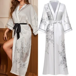 Women Long Robe Nightgown Spring Summer Satin Sleepwear Nightdress Print Flower Half Sleeve Kimono Bathrobe Gown Loose Home Wear