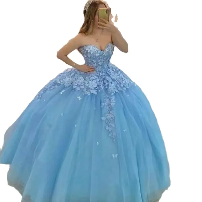 Sky Blue Ball Gown Quinceanera Dress Sweetheart Masquerade Gown Vestidos De 15 Anos 3D Lace Formal Princess Birthday Party Gowns