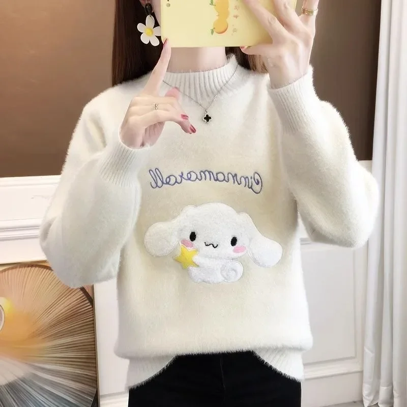 Japanese White Furry Thicken Winter Sweater Cute Rabbit Embroidery Tops Sweet Lolita Girls Knitwear Y2K Clothes Korean Fashion