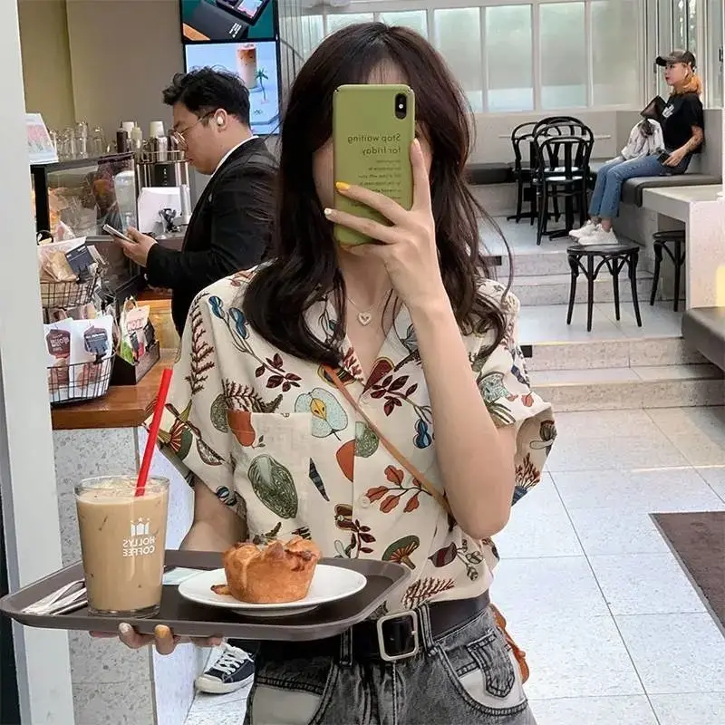 Women Summer Korean Loose Vintage Printing Chiffon Polo-Neck Short Sleeve Shirts Women Clothes Casual Vacation All-match Top Tee