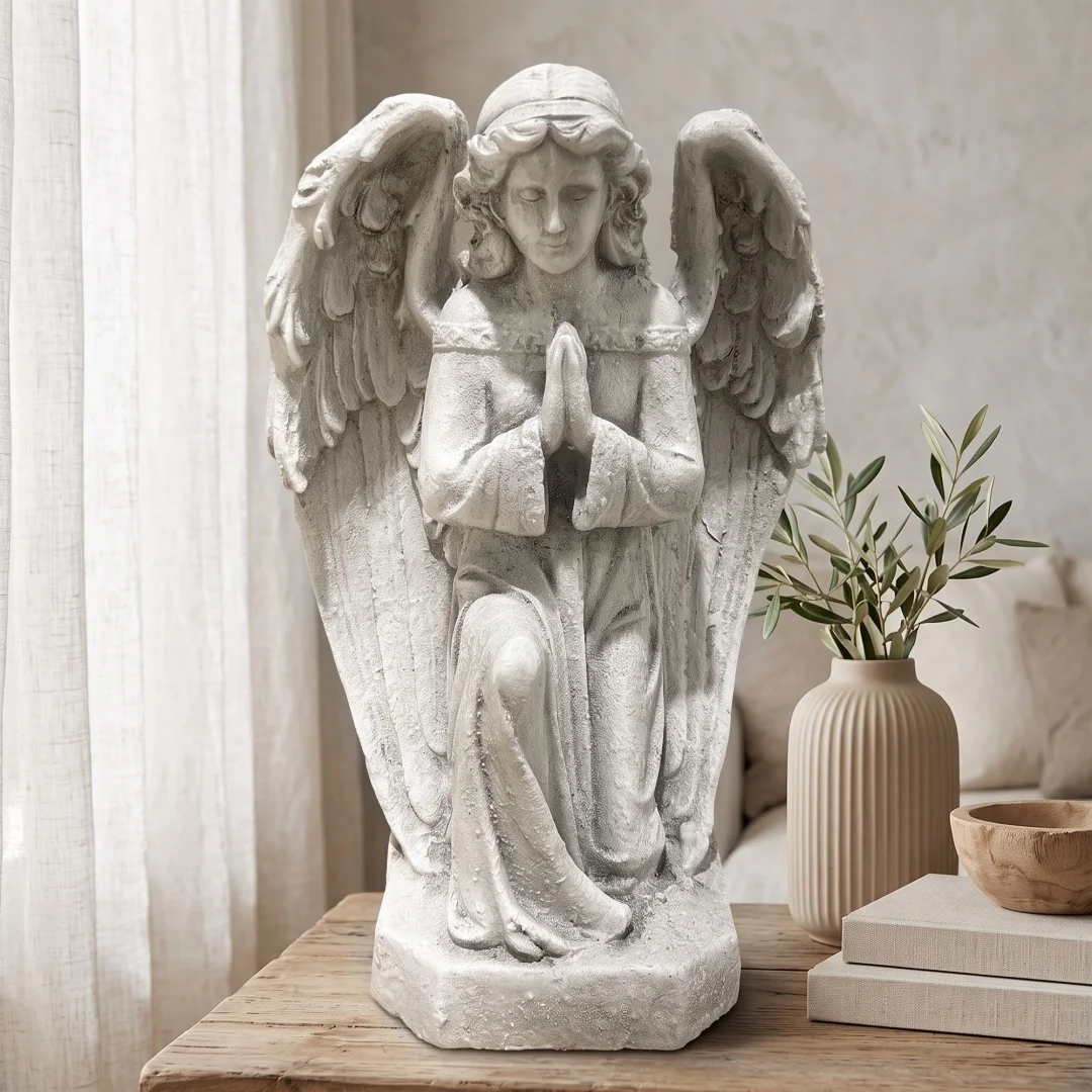 Praying Angel Statue Outdoor Garden Decor, Weatherproof Magnesium Oxide Cherub Sculpture, Freeze Resistant Lawn Ornament for Yard Patio