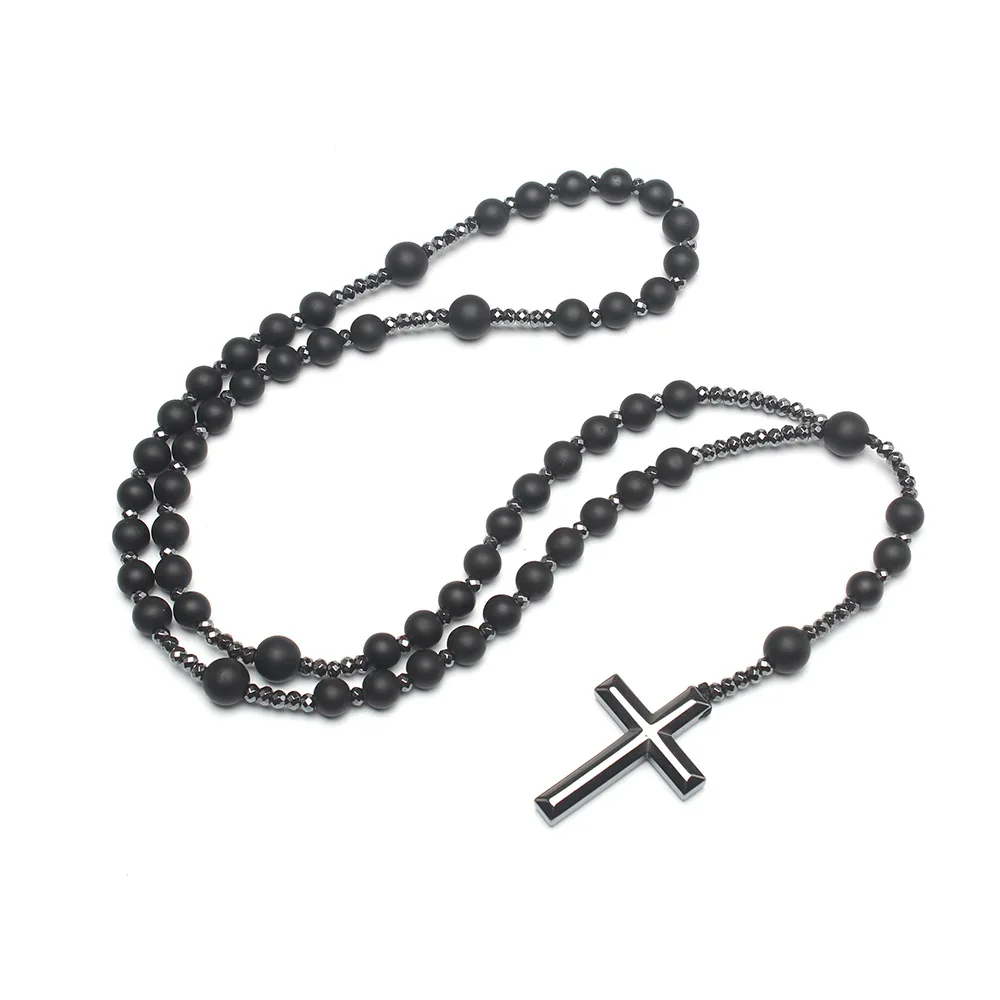 Natural Stone Tiger-eye Beads Hematite Cross Pendant Necklace for Men and Women Rosary Jewelry