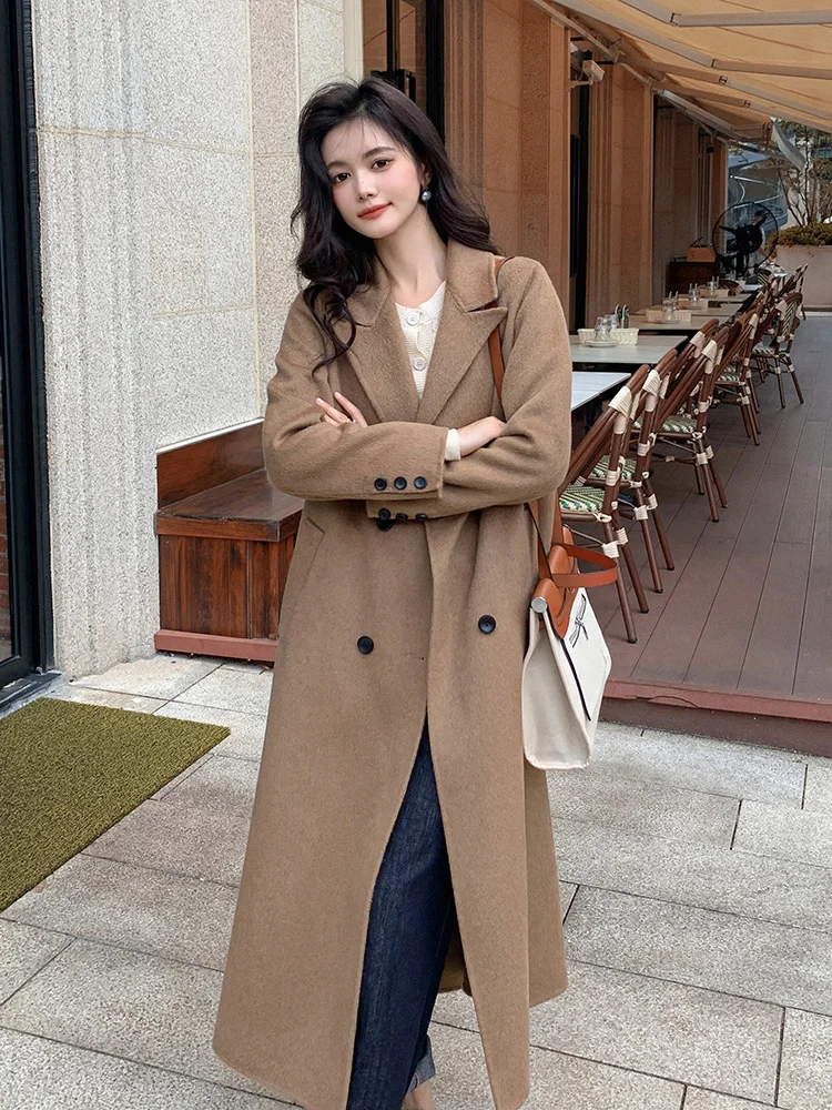 2024 Autumn and Winter New 30% Camel Wool Wool Overcoat Women\'s Long High-End Double-Sided Woolen Coat Elegant Trench Coat