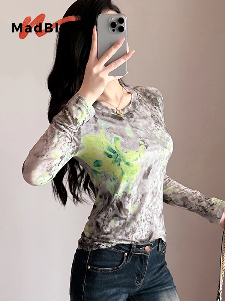 

MadBlack-женская европейская футболка, сексуальный геометрический принт с круглым вырезом, винтажная тонкая сетчатая футболка с длинными рукавами S-3XL, осенняя новинка 2025 T59803CC