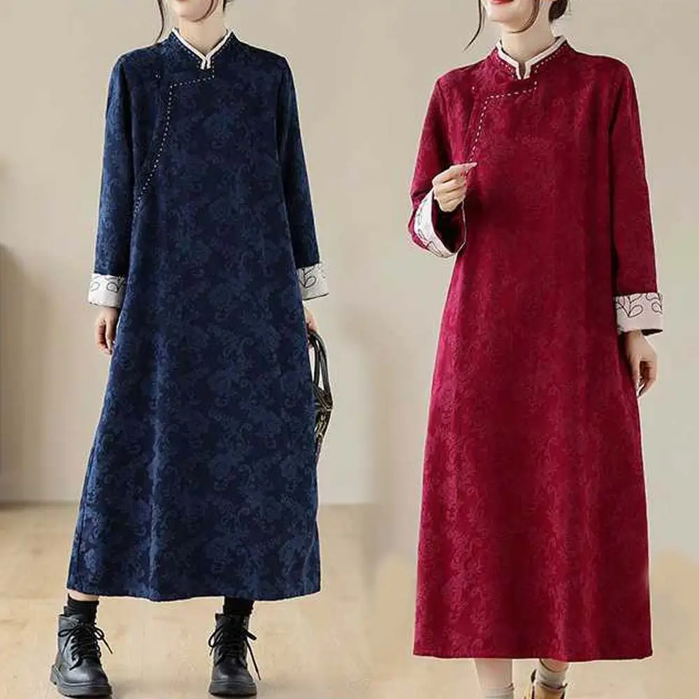 

Floral Improved Cheongsam Dress Embroidery Long Sleeve Loose Retro Skirt Frog Button with Pockets Ethnic Style Dress Fall/Winter