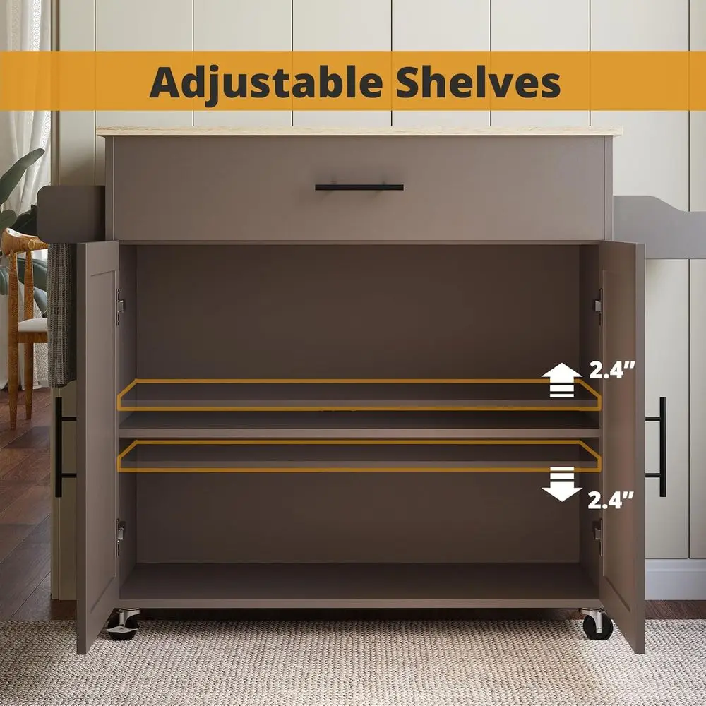 جزيرة مطبخ من الخشب الصلب بقدرة 47 وات مع أوراق شجر متدلية، درج، تخزين، رف توابل ومنشفة، رمادي داكن