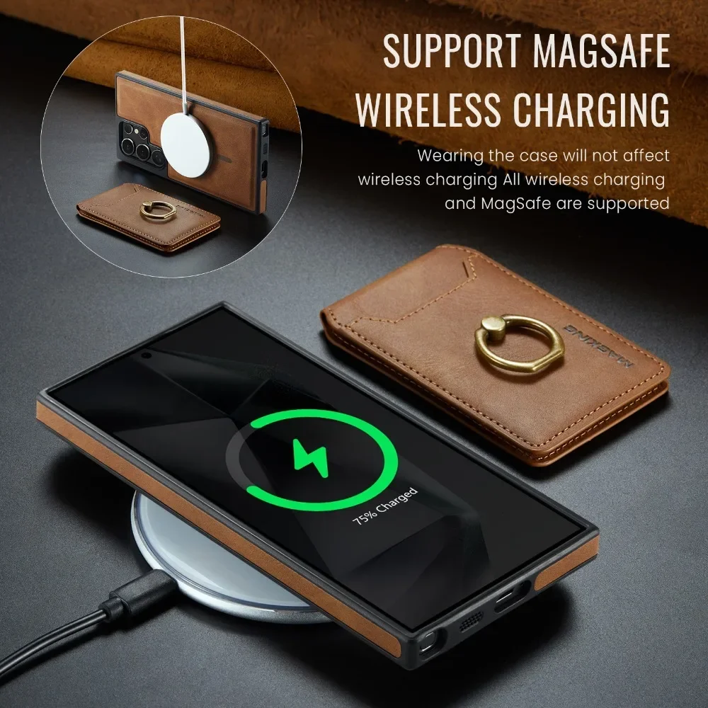 محفظة مغناطيسية قابلة للفصل 2 في 1 مع حامل بطاقة حافظة هاتف لهاتف سامسونج جالاكسي S25 Edge S24 Plus S23 Ultra Ring أغطية جلد