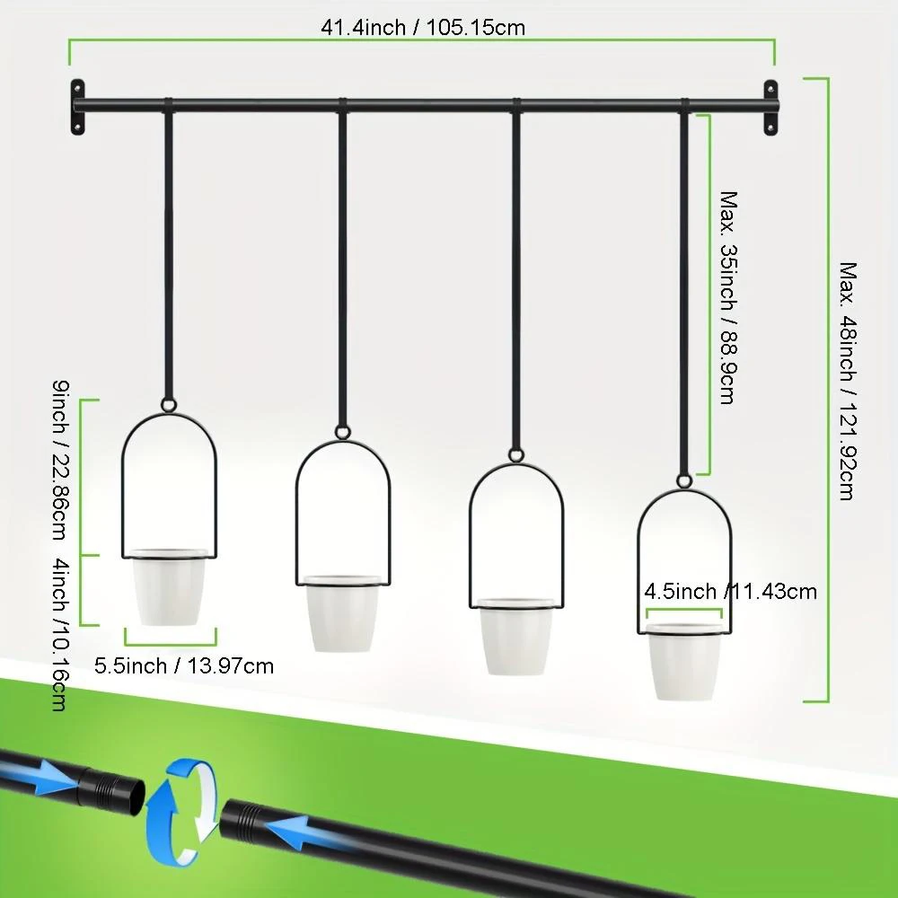 Metal Adjustable Hanging Planters with 4pcs Plastic Pots, Rail for Indoor Window & Ceiling Herb Garden, Wall Plant Hanger w