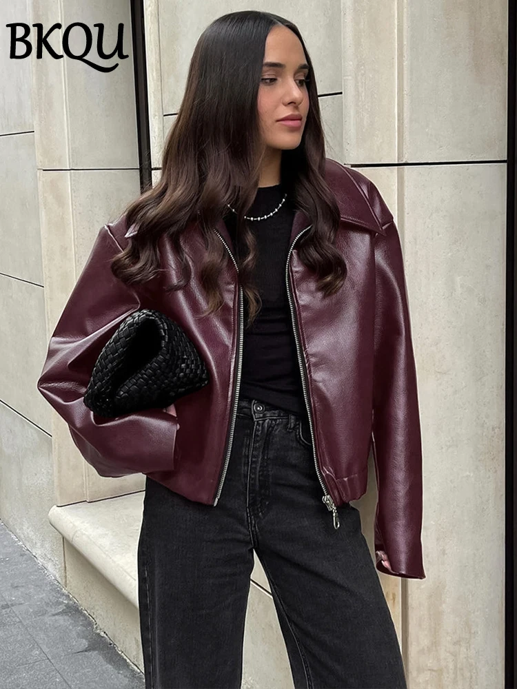 BKQU Wine Red Faux Leather Jackets 2024 Women\'s Moto Biker Zipper Long Sleeve Short Coats Fashion Autumn Winter Street Outerwear