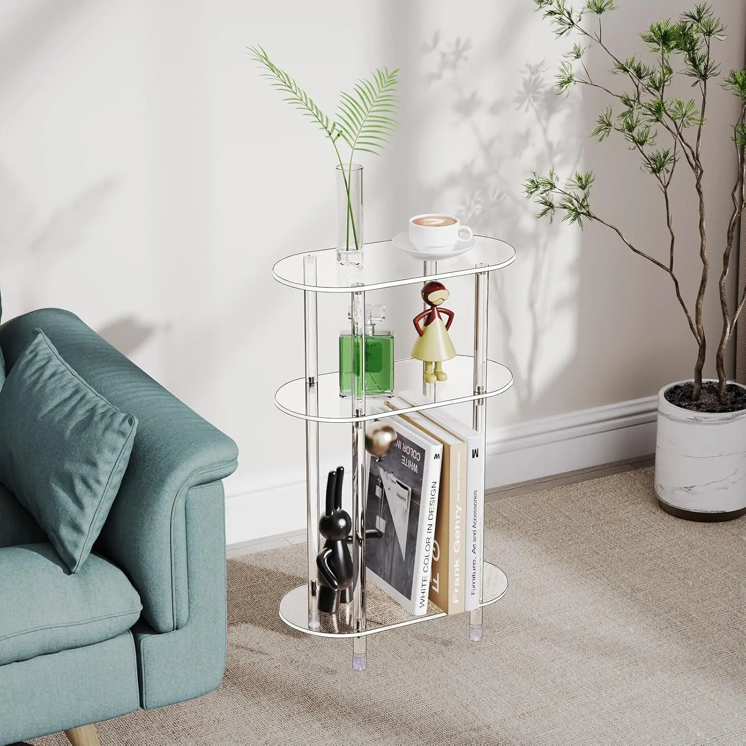 

Acrylic Transparent Tea Table Sofa Side Table 2-tier Coffee Table Oval End Bedside Cabinet Nightstand for Living Room Bedroom