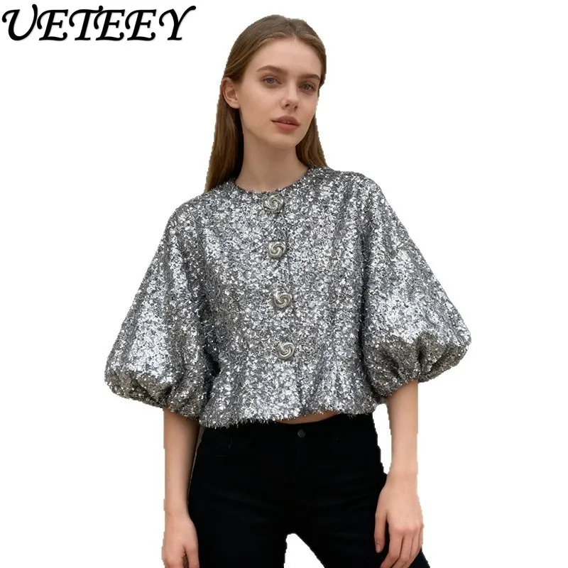 2025 Herfst Nieuwe Mode Veelzijdige Losse Half Mouw Top voor Vrouwen Franse Stijl Elegante Socialite Single-Breasted Korte Shirt